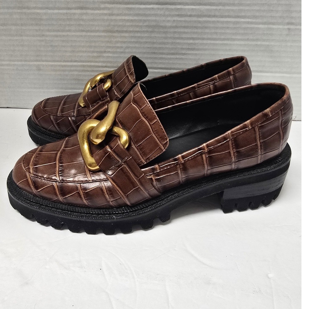 Aerosoles Lilia Brown Croc Embossed Leather Lug Sole Chain Loafers Womens 6.5M